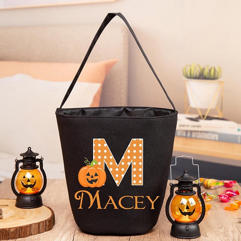 Personalized Halloween Treat Bag for Kids, Custom Name & Initial Jute Candy Tote, Durable Witch Trick or Treat Gift Sack, Ins Style Boho Party Bag for Toddler Girl Boys, Kindergarten Must-Have