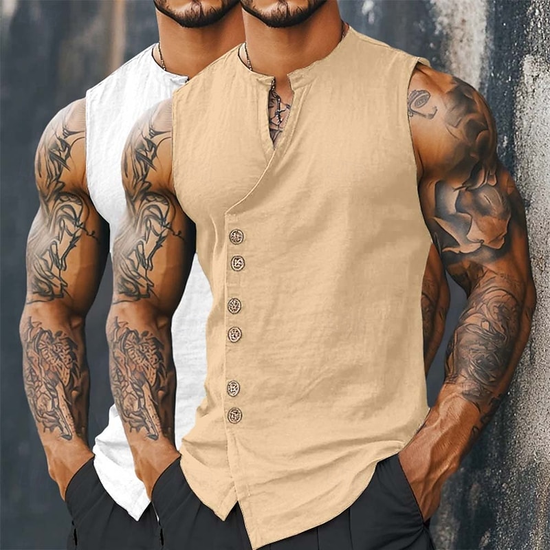 Men's Shirt Linen Shirt Summer Shirt Beach Shirt Vintage Shirt Sleeveless Shirt Plain Daily Streetwear White+khaki Khaki+Black Blue+Khaki White+Black Sleeveless Mandarin Collar Summer Spring Clothing3