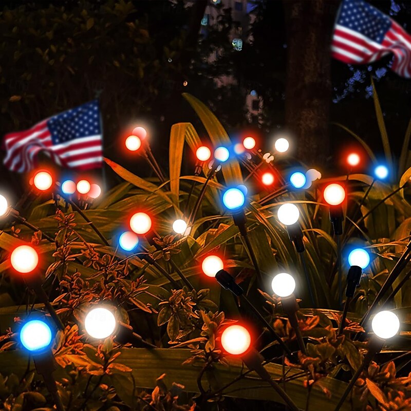 2 Pcs 12 Heads Outdoor Solar Firefly Lights Waterproof Red,  Independence Day White, Blue  July 4thCourtyard Garden Lawn Path Party Patriotic Atmosphere Decorative Light3