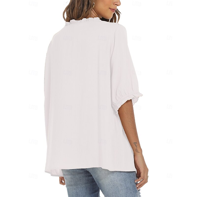 Women's Shirt Solid Color Floral Casual Boho 3/4 Length Sleeve Elbow Sleeve Crew Neck Regular Tops Daily Going out Ruffle Embroidered Black White Red Khaki Summer2