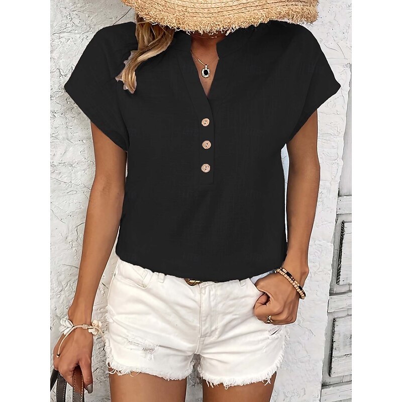 Women's Summer Tops Vintage Casual Short Sleeve V Neck Regular Tops Daily Weekend Buttons Black White Navy Blue Summer