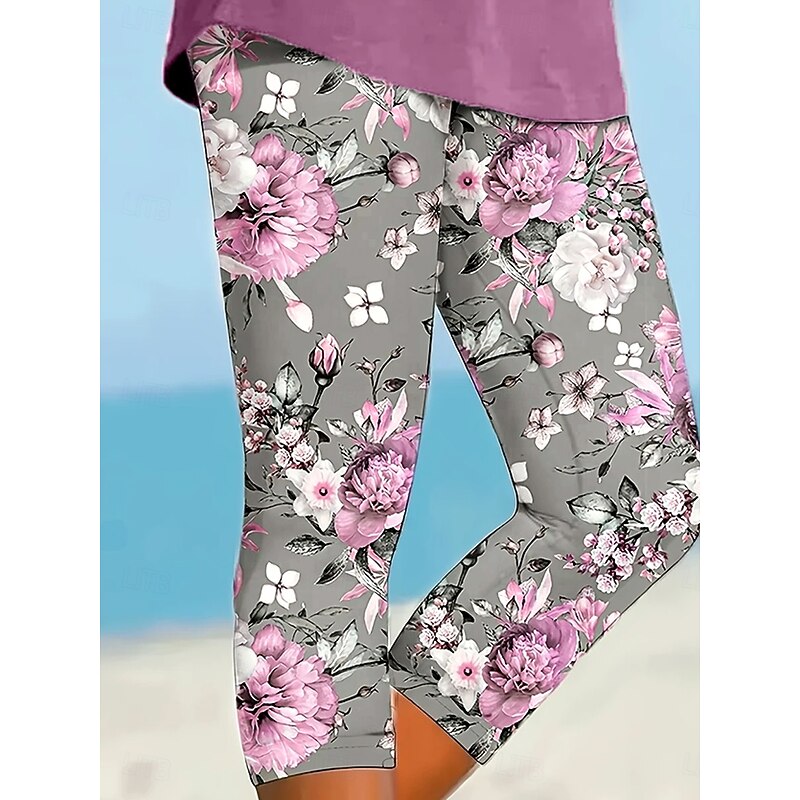 Women's Leggings Vacation Vintage Ethnic Style Calf-Length High Waist Floral Graphic Leaf Soft Comfortable Breathable Stretchy Vacation Street Causal Violet Dusty Rose Light Blue Summer Spring Fall2
