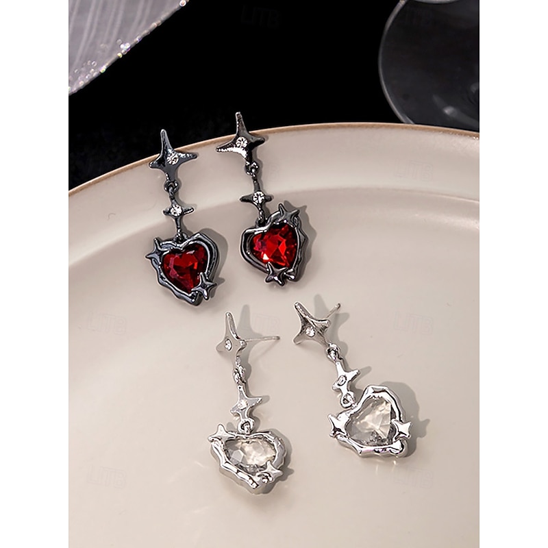 Women's Gothic Heart Drop Earrings – Vintage Barbed Red Crystal Studs for Halloween Parties, Cosplay & Retro Occasions