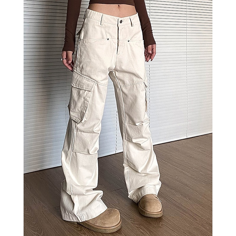 Women's Cargo Pants Pants Trousers Fashion Streetwear Full Length Natural Solid Colored Pocket Comfortable Micro-elastic Sports & Outdoor Daily Wear Black Beige Summer Spring Regular Fit