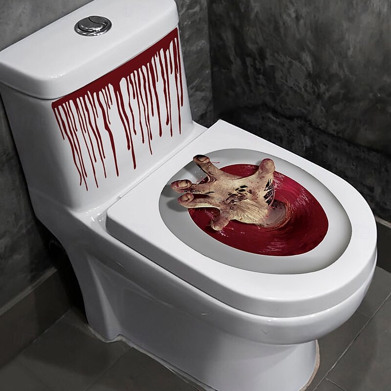 2 sets Halloween Toilet Seat Sticker 3D Bloody Bathroom Wall Decal, Scary Self-Adhesive PVC Horror Toilet Cover and Wall Stickers for Halloween Home Bathroom Decor2