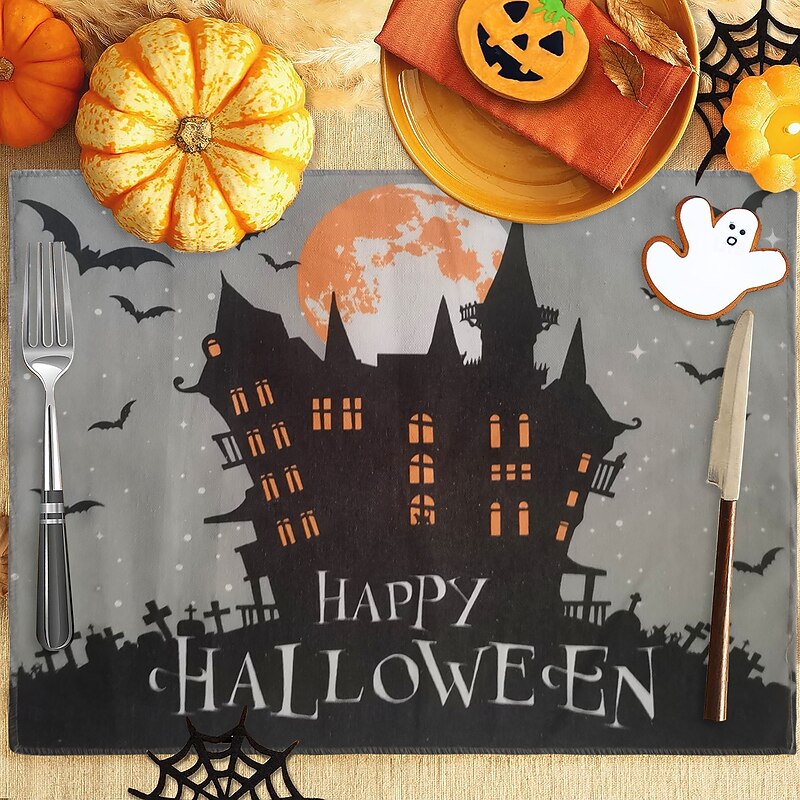Halloween Placemats, Rectangle Easy Care Cotton Linen Place Mat, Decorative Table Mat for Party Holiday Everyday Use 4 Pieces, Witches Hat Spooky Pumpkins Magical Night Autumn3