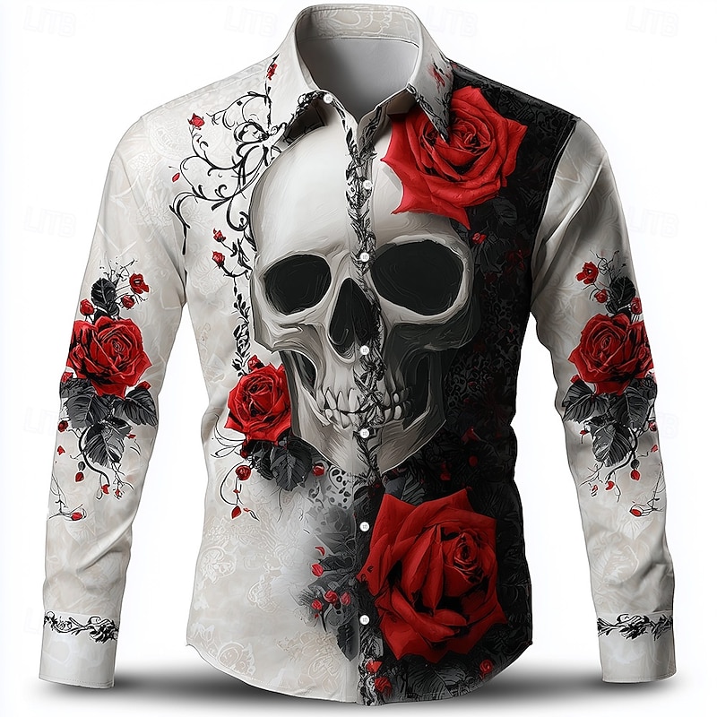 Men's Skull Romantic Halloween Costumes Shirt Button Up Shirt Long Sleeve Gothic Style Holiday Streetwear Summer Spring Turndown 3D Print Collared Shirts Black White2