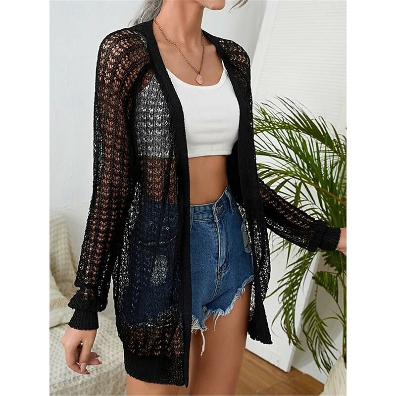 Women's Casual Jacket Breathable Comfortable Cut Out Casual Plain Vacation Street Casual Daily Wear Open Front Regular Collarless Regular Fit Long Sleeve Outerwear Black White Khaki Summer Spring3