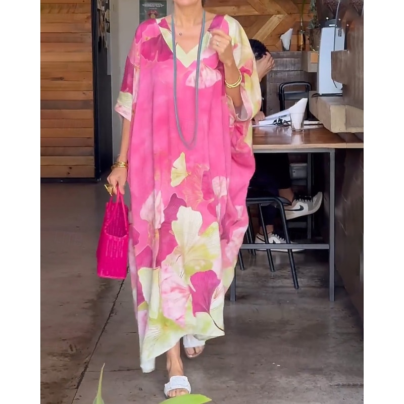 Women's Long Dress Maxi Dress Floral Dress Print Dress Classic Modern Outdoor Vacation Daily Regular Fit Flower 3/4 Length Sleeve V Neck Pink Blue Orange Summer