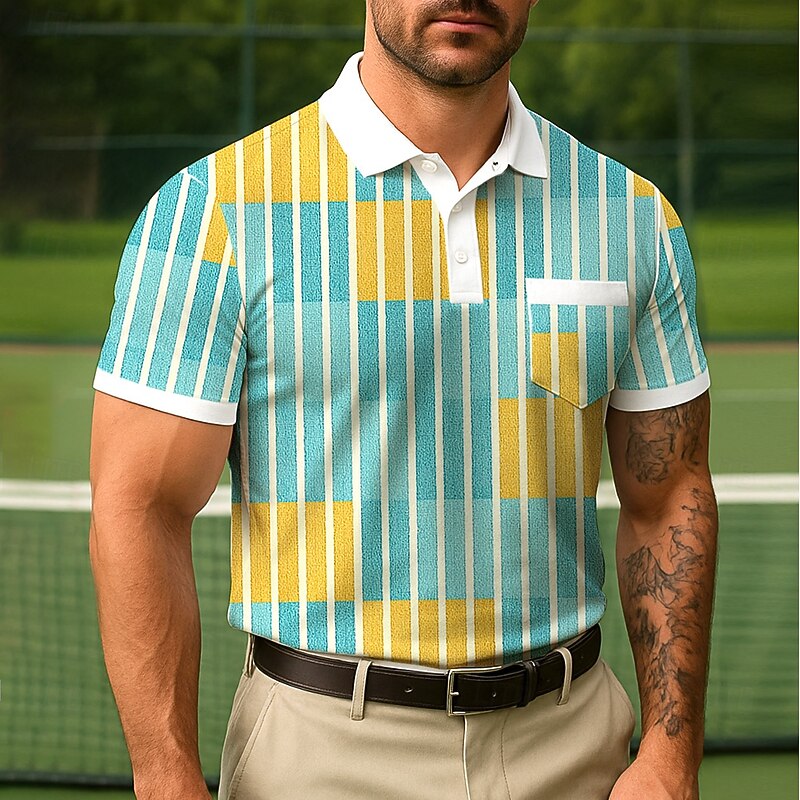 Men's Color Block Polo Short Sleeve Short Sleeves Polo Collar Business Casual Daily Athleisure Casual Daily Buttons Pocket Summer Robin's Egg Blue Yellow