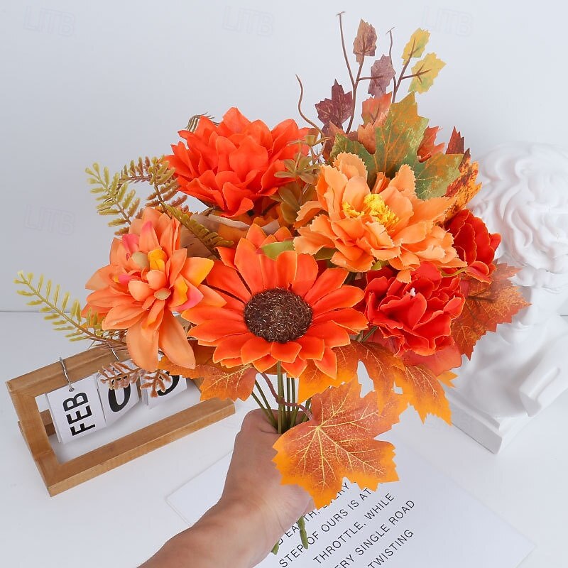 1 Bundle Fall Artificial Flower Bouquet, Thanksgiving Maple Leaf Pumpkin Wreath, Halloween Autumn Home Decor Arrangement2