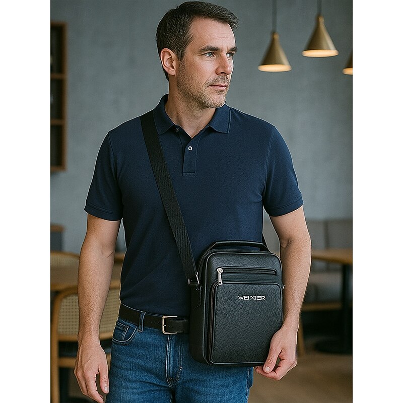 Men's Brown Black Faux Leather Crossbody Messenger Bag with Multiple Zipper Compartments for Business Travel and Daily Office Use3