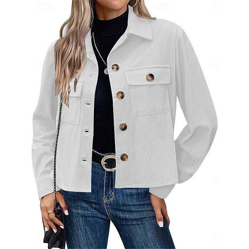Women's Casual Jacket Shacket Comfortable Breathable Pocket Fashion Casual Plain Vacation Street Casual Daily Wear Single Breasted Short Turndown Regular Fit Long Sleeve Outerwear Black White Pink4