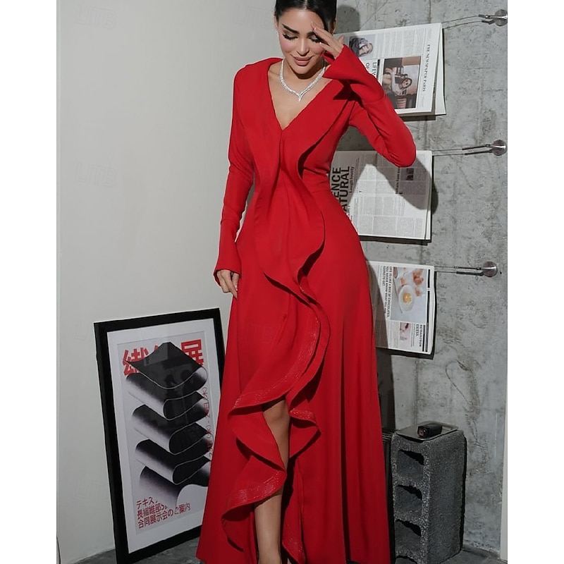 Mermaid / Trumpet Evening Gown Elegant Dress Formal Wedding Floor Length Long Sleeve V Neck Stretch Crepe with Ruffles3