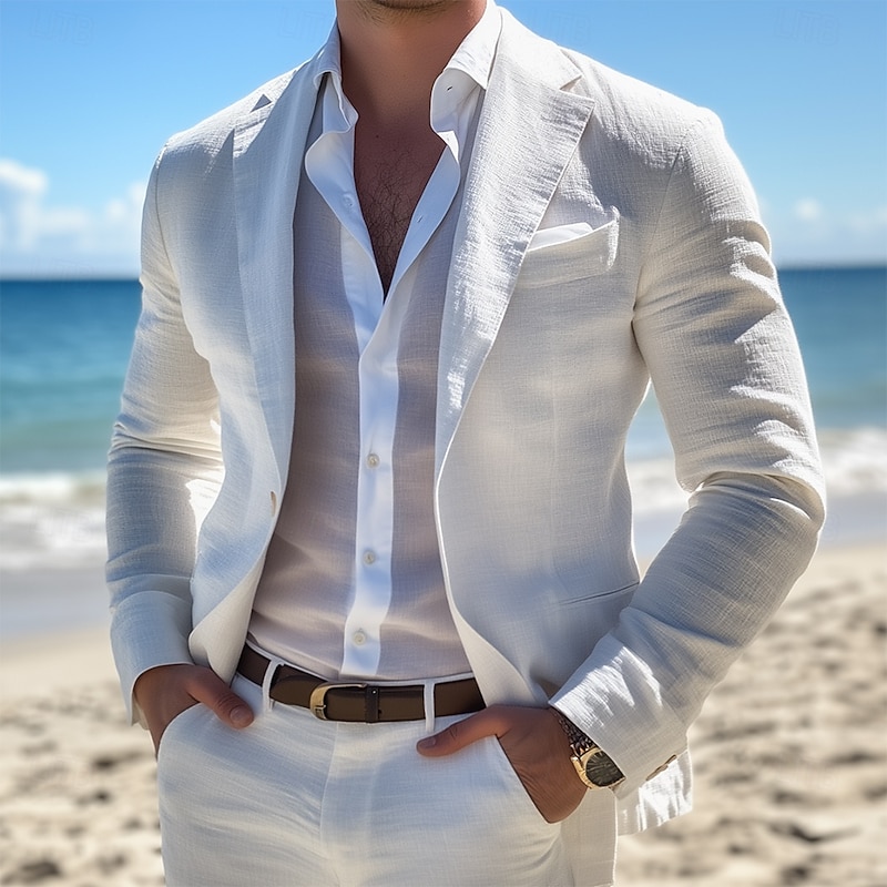 Men's Linen Suits White Summer Wedding Lightweight Casual Solid Colored Standard Fit 2 Piece Single Breasted One-button2