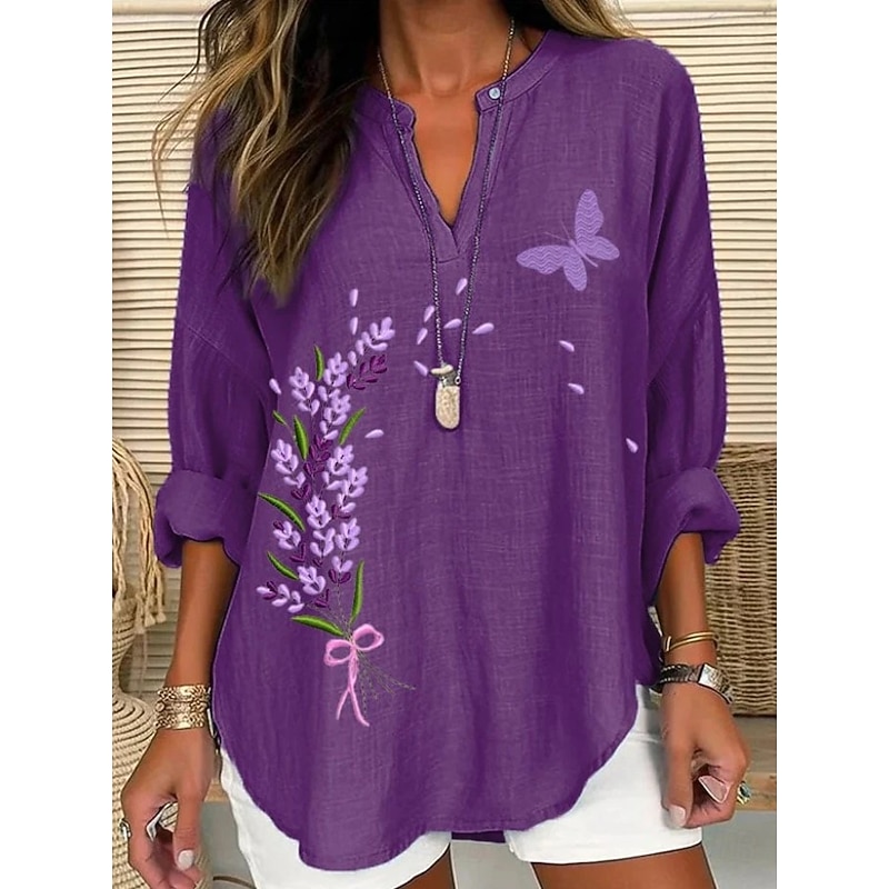 Women's Blouse Tunic V Neck Long Sleeve Boho Casual Summer Tops Floral Graphic Vintage Tropical Regular Tops Daily Wear Print White Pink Purple Fuchsia Gray2