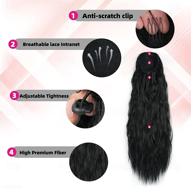 Corn Wave Drawstring Ponytail 140 Grams Natural Black Wave Ponytail Clip in Extension 22 Inches Synthetic Corn Curly Wave Ponytail for Black Women3