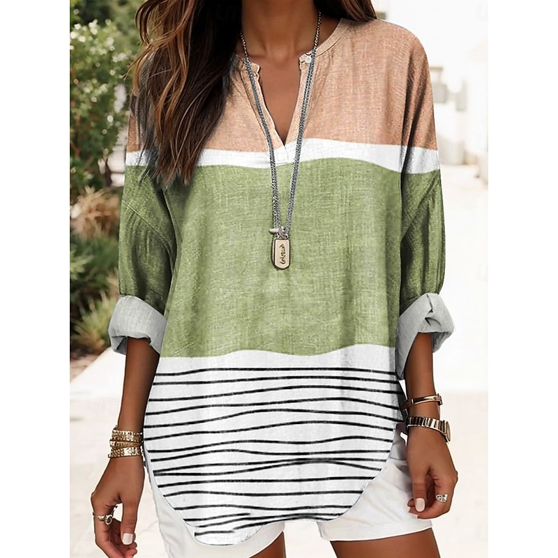 Women's Blouse Tunic V Neck Long Sleeve Boho Casual Summer Tops Graphic Geometric Daily Regular Tops Daily Print Green Khaki2