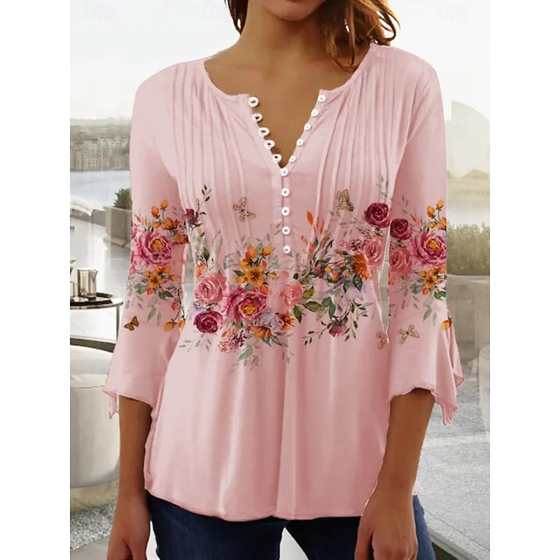 Women's Texture Blouse Blouse Floral Daily Stylish 3/4 Length Sleeve Crew Neck Regular Tops Daily Holiday Buttons Print Pink Blue Summer Spring