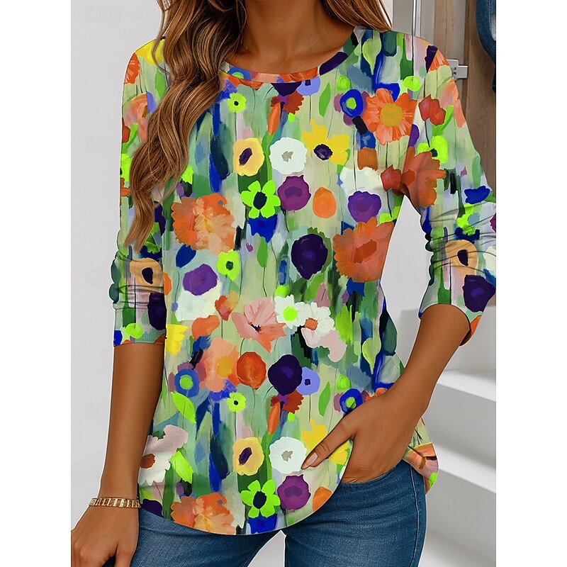 Women's T shirt Crew Neck Long Sleeve Tunic Floral Graphic Vintage Stylish Casual  Regular Tops Daily Weekend Print Red Blue Purple Green Summer3