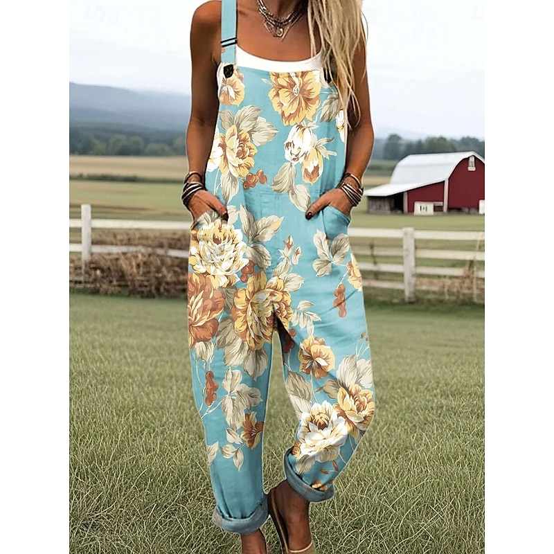 Women's Dungarees Active Floral Sleeveless Straight with Pocket Vacation Daily Loose Fit Yellow Pink Blue Summer