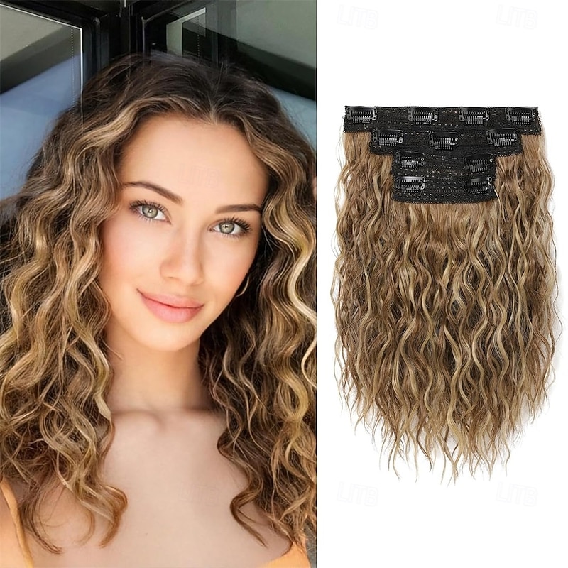 Clip in Hair Extensions - 4PCS 12 Short Curly Wavy Brown Hair Extensions with Invisible Lace Weft and Highlights