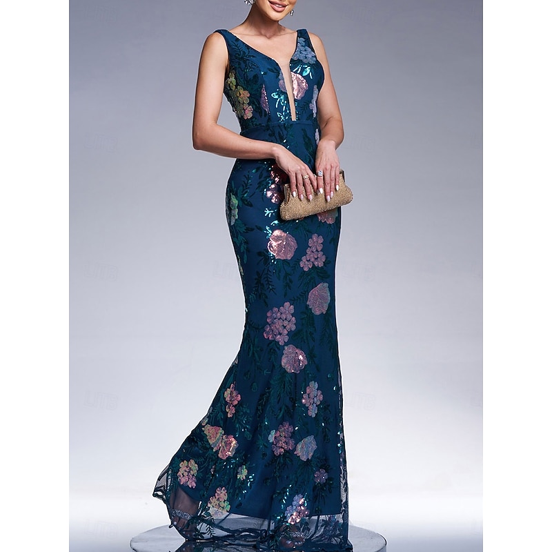 Mermaid / Trumpet Evening Gown Elegant Dress Formal Wedding Floor Length Sleeveless V Neck Lace with Sequin4