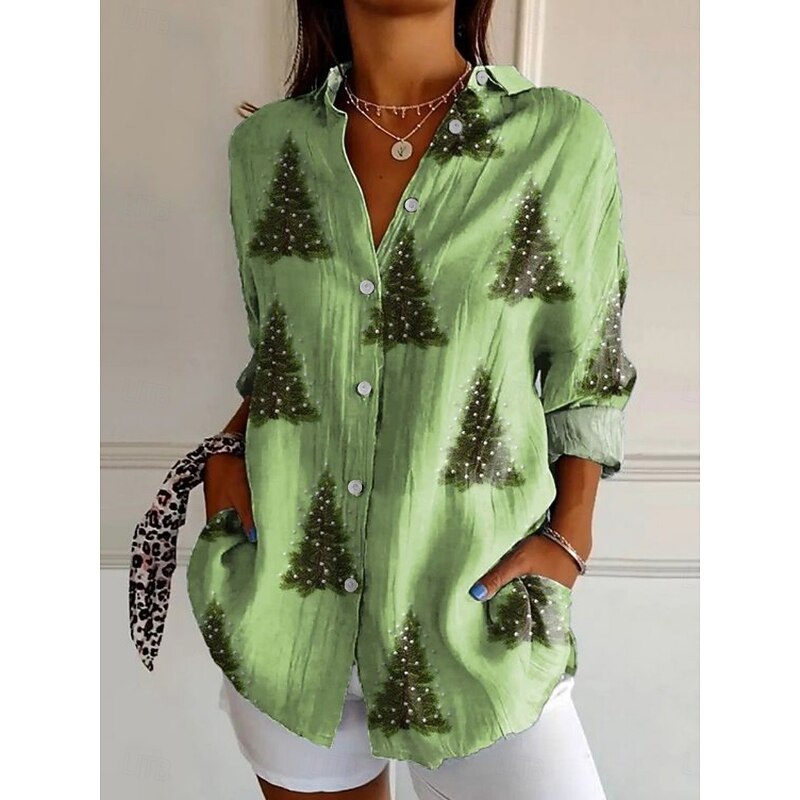 Women's Shirt Graphic Active Daily Stylish Long Sleeve Shirt Collar Regular Tops Daily Holiday Buttons Print Green Gray Spring Fall3