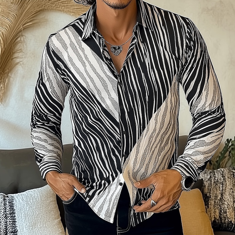 Men's Geometric Striped Shirt Button Up Shirt Casual Dress Shirt Long Sleeve Fashion Casual Vacation Daily Streetwear Summer Spring Turndown 3D Print Collared Shirts Black