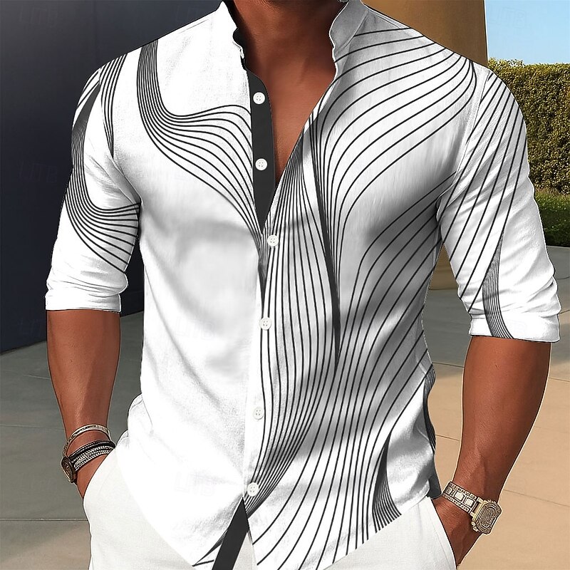 Men's Geometric Gradient Lines / Waves Shirt Stand Collar Shirt Casual Dress Shirt Long Sleeve Business Casual Vacation Home Daily Summer Spring Mandarin Collar Band Collar 3D Print Button Up Shirts4