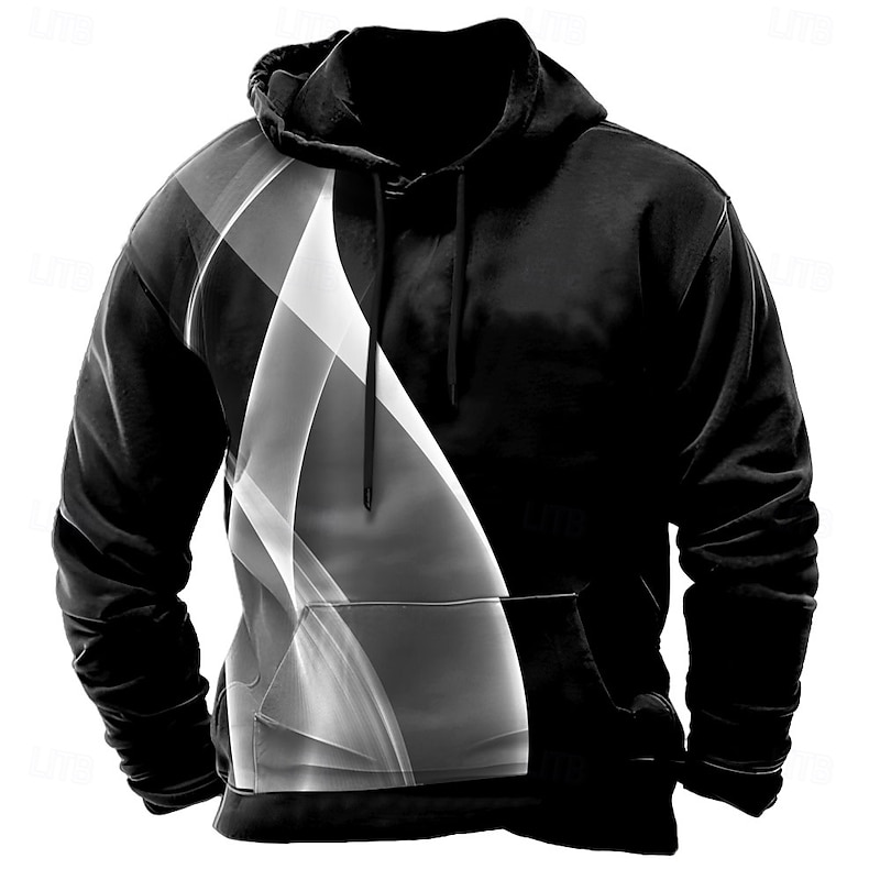 Men's Geometric Optical Illusion Hoodies Sweatshirt Casual Long Sleeve Crew Neck Holiday Streetwear Black White Drawstring Fall Winter Designer