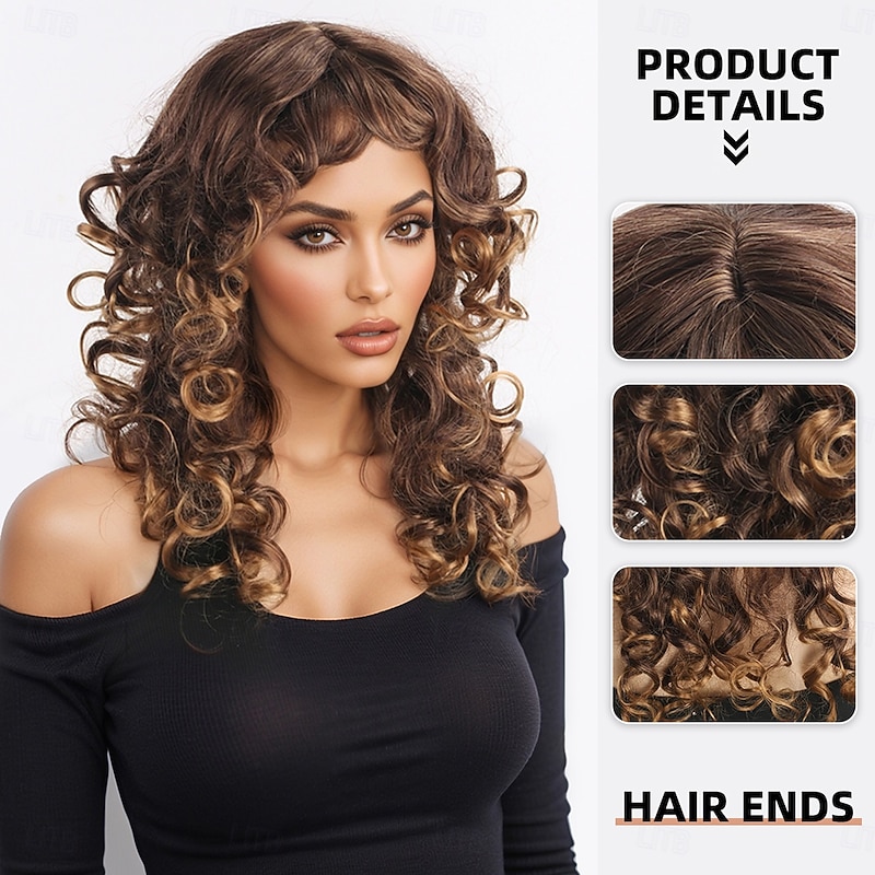 Synthetic Wig Wavy Afro Curly Asymmetrical With Bangs Machine Made Wig 18 inch A1 Synthetic Hair Women's Classic Comfortable Color Gradient Multi-color2