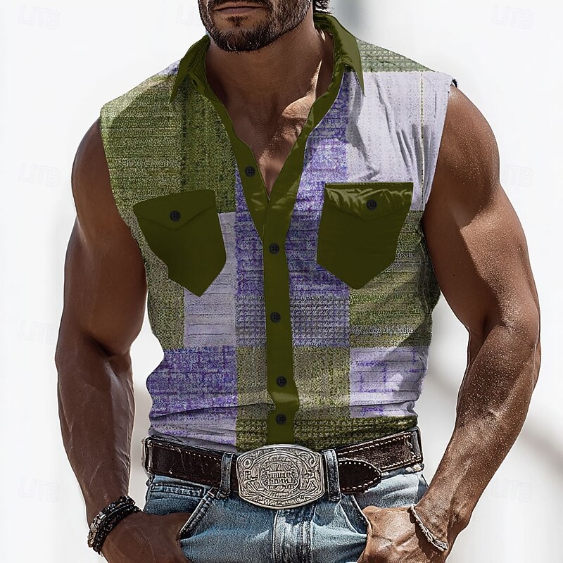 Men's Color Block Patchwork Shirt Western Shirt Cowboy Shirt Sleeveless Western Style Outdoor Work Causal Summer Spring Turndown 3D Print Front Two Pockets Button Up Shirts Army Green Blue Brown3