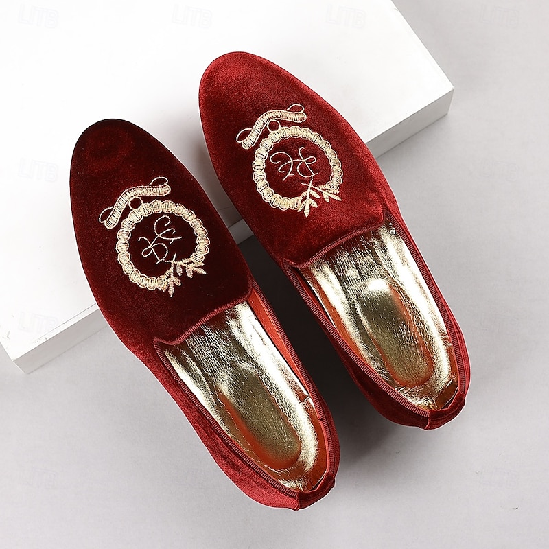 Men's Burgundy Velvet Loafers with Embroidered Crest – Slip-On Party Dress Shoes for Weddings, Banquets & Festive Occasions3