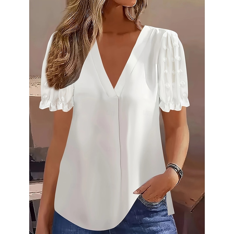 Women's T Shirt Solid Color Casual Short Sleeve V Neck Regular Tops Daily Black White Summer