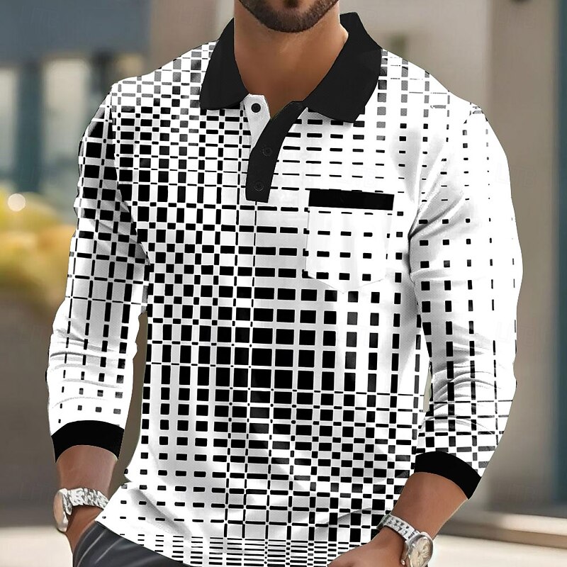 Men's Geometric Polo Long Sleeve Polo Shirts Collared Shirts Business Casual Business Athleisure Daily Wear Buttons Pocket 3D Print Spring Fall Winter Black Blue Sky Blue