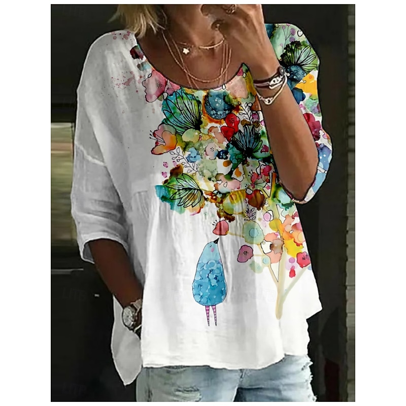 Women's Blouse Floral Stylish 3/4 Length Sleeve Crew Neck Regular Tops Daily Holiday Print White Red Royal Blue Blue Orange Summer