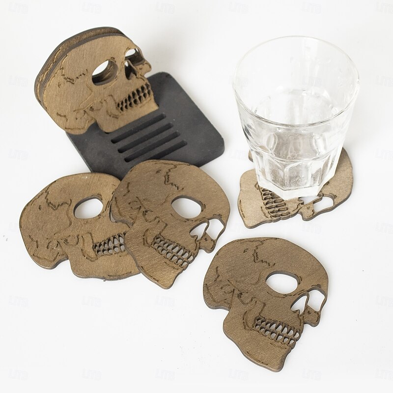 Halloween Wooden Skull Coasters Set of 6 with Holder, Spooky Tabletop Decorations for Party, Festival Dinner, Haunted House or Bar Decor3
