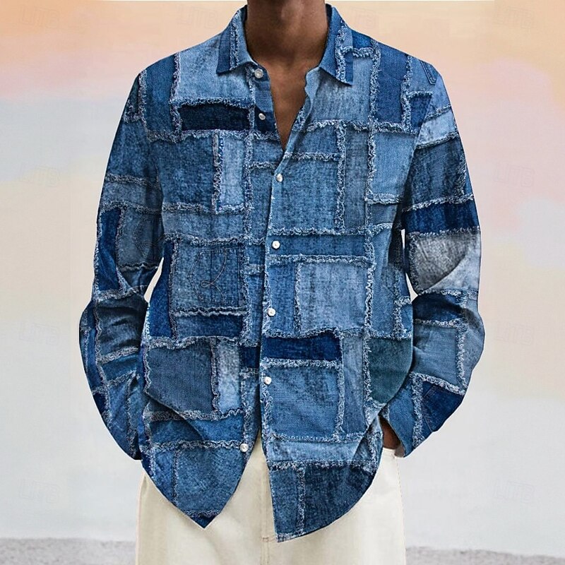 Men's Geometric Color Block Denim-like Shirt Button Up Shirt Long Sleeve Fashion Casual Vacation Daily Spring Fall Turndown 3D Print Linen Like Shirt Blue+Khaki Blue Dark Blue Light Blue3