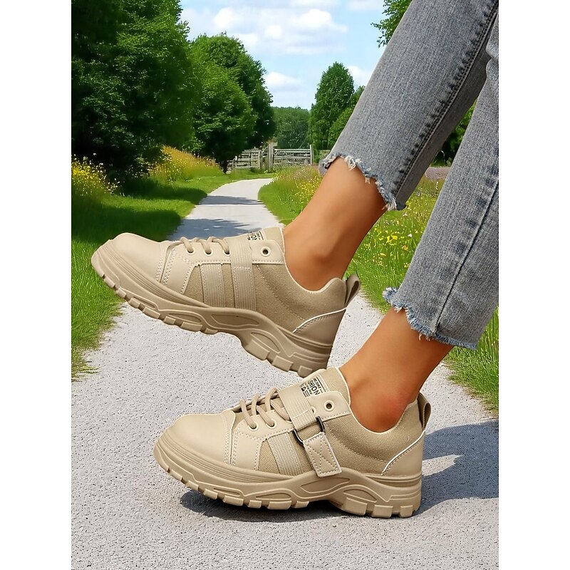 Women's Beige Lace-Up Canvas Sneakers with Durable Sole, Farm Work Shoes for Outdoor Labor, Harvest Festival and Gardening3
