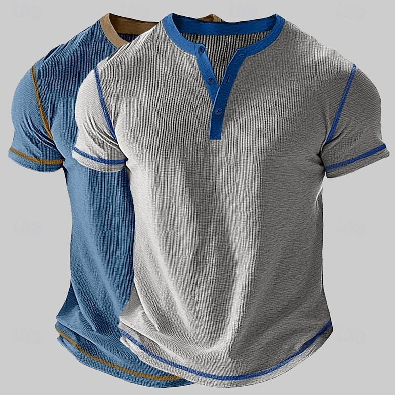 2 Piece Men's Waffle Henley Shirt Tee Short Sleeve Solid Color Vintage 2 Piece Buttons Henley Outdoor Casual Daily Summer Henley T-Shirt2