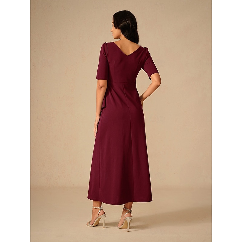 Women's Maxi Dress Ruffle Dress Elegant Regular Fit Solid Color Short Sleeve Crew Neck Wine Summer Spring Fall4