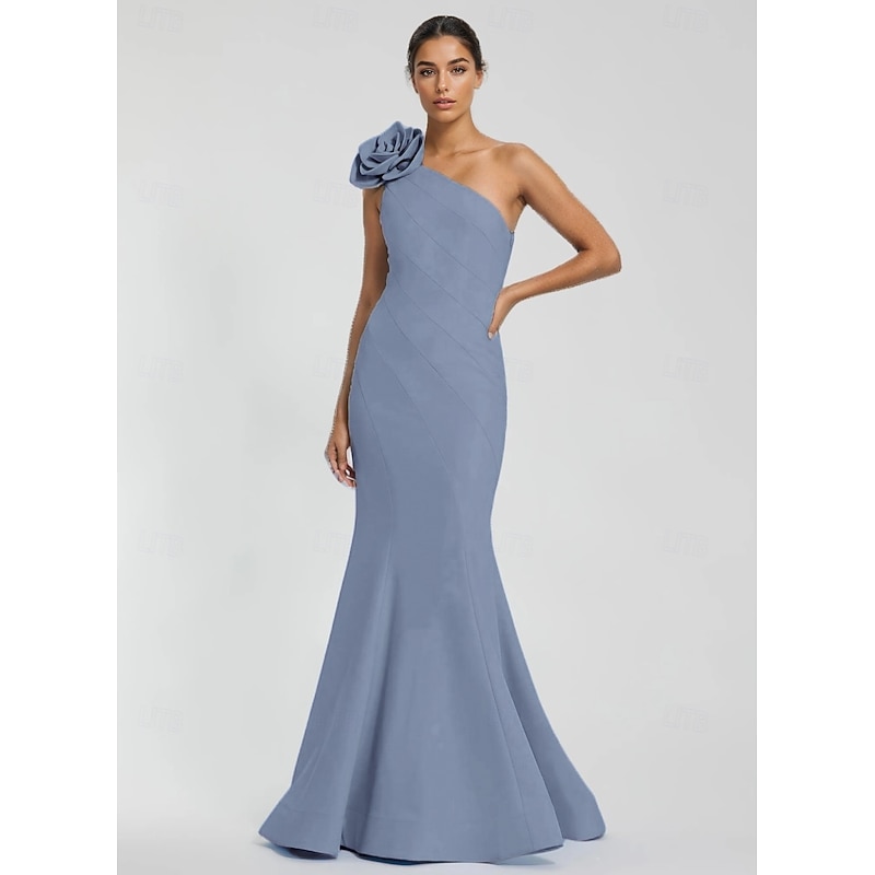 Mermaid / Trumpet Evening Gown Elegant Dress Formal Wedding Guest Floor Length Sleeveless One Shoulder Stretch Crepe with Pleats4
