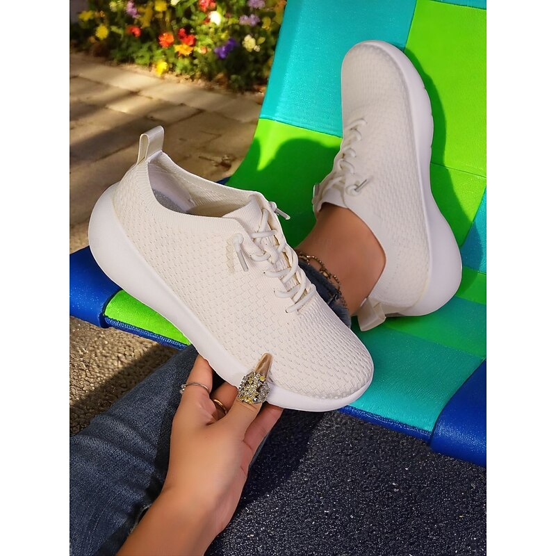 Women's Beige Lightweight Flyknit Walking Shoes with Soft Ergonomic Sole, Breathable Comfort for Commute, Park Jog and Daily Errands