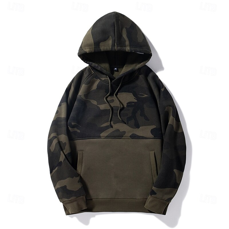 Men's Hoodie Pullover Hoodie Sweatshirt Fleece Hoodie Tactical Black Green Khaki Hooded Camouflage Patchwork Front Pocket Sports & Outdoor Casual Daily Streetwear Cool Sportswear Fall & Winter2