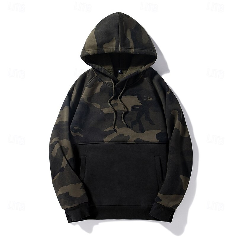 Men's Hoodie Pullover Hoodie Sweatshirt Fleece Hoodie Tactical Black Green Khaki Hooded Camouflage Patchwork Front Pocket Sports & Outdoor Casual Daily Streetwear Cool Sportswear Fall & Winter3