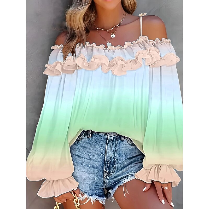 Women's Summer Tops Color Block Casual Long Sleeve Puff Sleeve Strap Regular Tops Pink Blue Sky Blue Green Summer3
