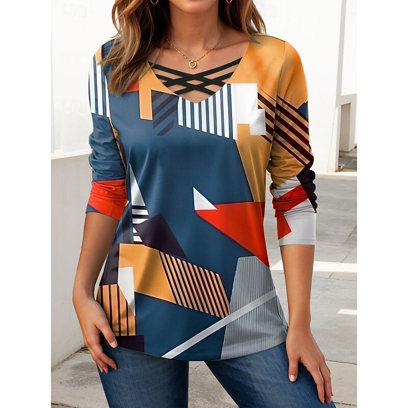 Women's T Shirt Graphic Geometric Abstract Vintage Stylish Modern Long Sleeve V Neck Regular Tops Daily Cut Out Print Black White Orange Spring Fall3