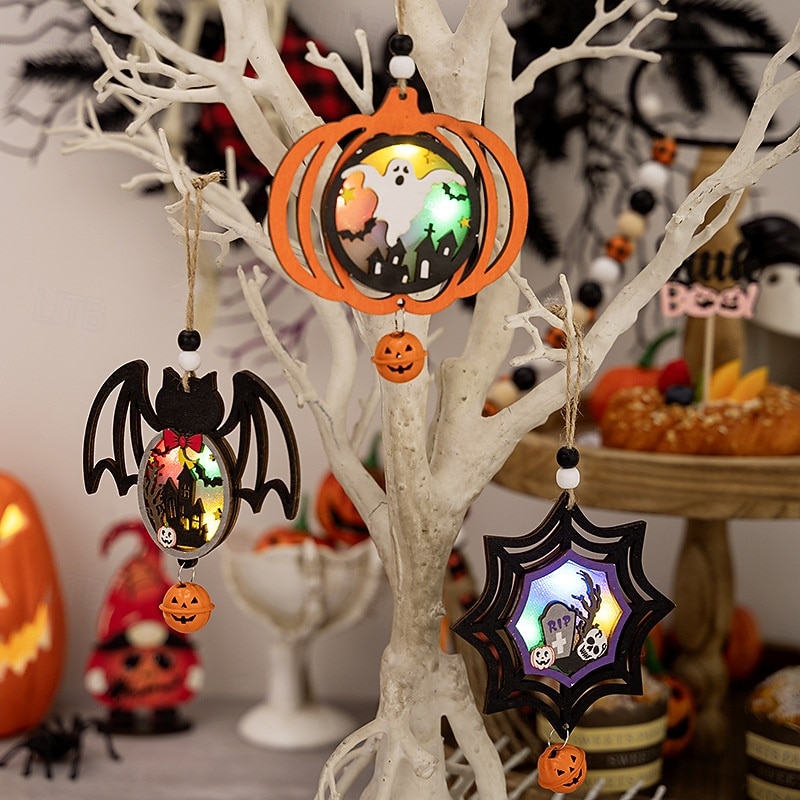 3PCS Halloween LED Wooden Ornaments Hanging Decorations, Scary Pumpkin and Spider Signs for Halloween Wall Decor and Party Atmosphere