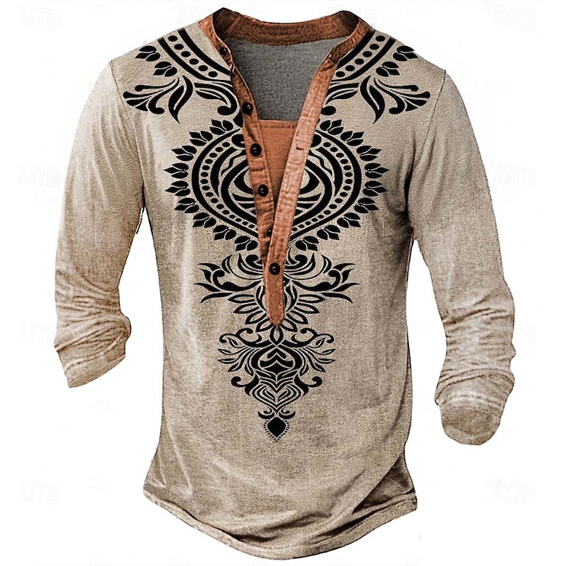 Men's Print Ethnic T Shirt Henley Shirt Long Sleeve Designer Retro Vintage Ethnic Street Casual Daily Summer Spring Fall Khaki Henley Henley T-Shirt
